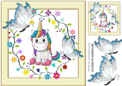 Cute rainbow unicorn with flowers in cream frame with blue butterflies 8x8