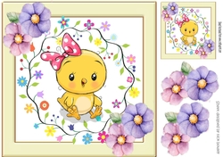 Cute chick with flowers in cream frame with flowers 8x8