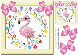 Cute pink flamingo with flowers in cream frame with pink bows 8x8