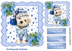 Cute puppy in winter hat with stars blue bows with holly 7x7