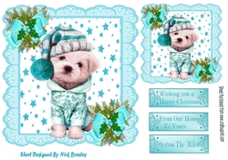 Cute puppy in winter hat with stars turq bows with holly 7x7