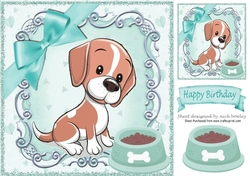 cute puppy with bowl of food in ornate 8x8 frame (turq)
