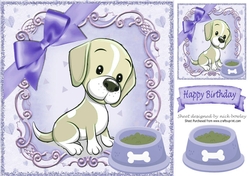 cute puppy with bowl of food in ornate 8x8 frame (purple)