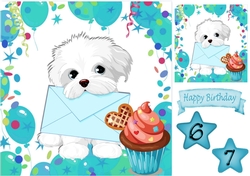 Cute white puppy carrying a card in balloon frame 8x8