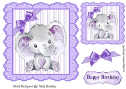 Cute watercolour Elephant with purple corner bow 7x7