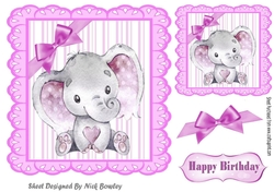 Cute watercolour Elephant pink corner bow 7x7