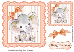 Cute watercolour Elephant with peach corner bow 7x7