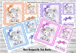  4 Cute watercolour Elephants with corner bows card fronts 7x7 mini kit