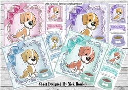 4 cute puppies with bowls of food card fronts 8x8 mini kit