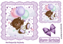 Cute teddy with balloon in purple star 7x7 frame