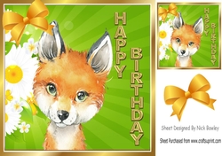 Cute red fox  with sunflowers and gold bow 8x8