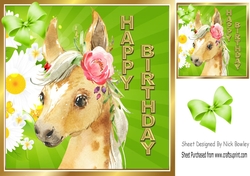 Cute horse with sunflowers and green bow 8x8
