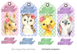 4 Lovely Gingham Tags with cute water colour animals (one)