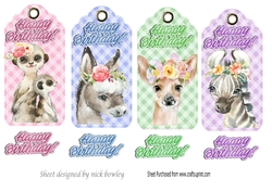 4 Lovely Gingham Tags with cute water colour animals (two)