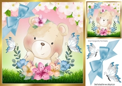 Pretty watercolour teddy bear with butterflies in floral frame 8x8