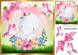 Pretty watercolour elephant with butterflies in floral frame 8x8