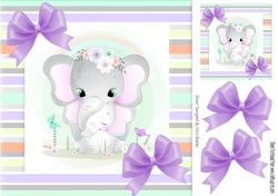 Cute mum ele with baby in candy stripe 8x8 frame with purple bows