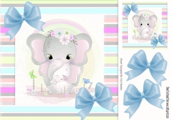 Cute mum ele with baby in candy stripe 8x8 frame with blue bows