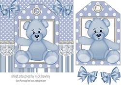Cute blue teddy 7x7 with tag topper with bows