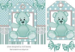 Cute turq teddy 7x7 with tag topper with bows