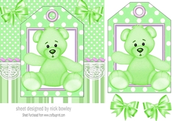 Cute green teddy 7x7 with tag topper with bows