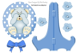 Cute blue peekaboo teddy bear with bow plate and stand