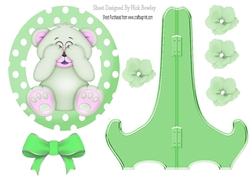 Cute green peekaboo teddy bear with bow plate and stand