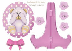  cute pink peekaboo teddy bear with bow plate and stand, also can be seen in other designs  (animals)