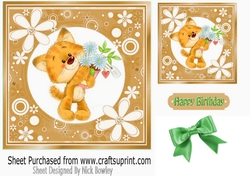 Cute ginger kitty with green bow in floral 7x7 frame