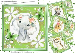4 Animal card fronts in green floral frames with butterflies 8x8 mini kit