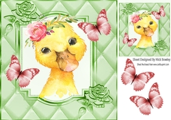 Cute chick with flowers, green butterflies in quilted 8x8 frame