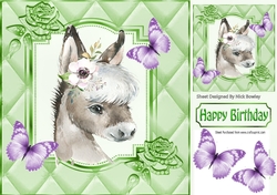 Cute donkey with flowers, purple butterflies in quilted 8x8 frame
