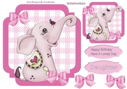 lovely little pink elephant with bows  on check 7x7 topper