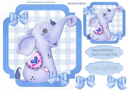 lovely little blue elephant with bows  on check 7x7 topper