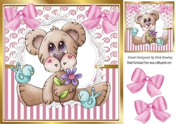 Lovely bear with flowers and bows on lace with little birds 8x8