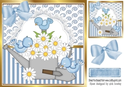 Pretty daisy watering can with blue birds and blue bow 8x8