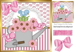 Pretty daisy watering can with  birds and pink bow 8x8