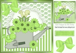 Pretty daisy watering can with  birds and green bow 8x8