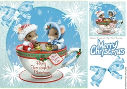 Cute mice in christmas teacup with bow and snowflakes 8x8
