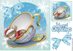 Cute sleepy mouse in a christmas teacup with bow and snowflakes 8x8