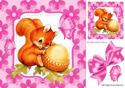 Cute red squirrel with acorn in floral pink frame 8x8
