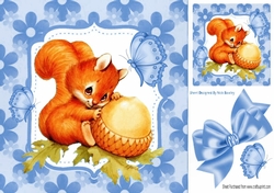 Cute red squirrel with acorn in floral blue frame 8x8