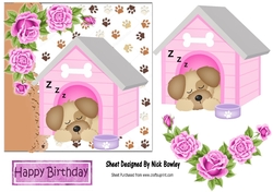 Cute puppy snoozing in dog kennel with pink roses 7x7