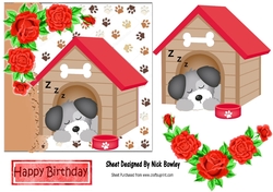 Cute puppy snoozing in dog kennel with red roses 7x7