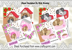  4 Cute puppies snoozing with pink/red roses 7x7 card fronts mini kit