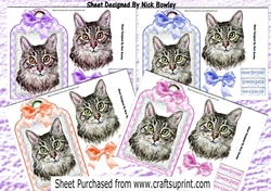  4 Pretty cats with bows on lace tags toppers