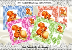  4 Cute red squirrels with acorns card fronts in floral frames 8x8 mini kit