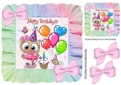 Cute owl with birthday treats in rainbow 7x7 frame