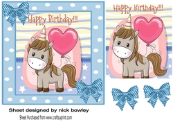 Cute pony in party hat in blue polkadot frame 7x7