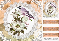 Pretty bird on a branch with flowers and lace peach 8x8
